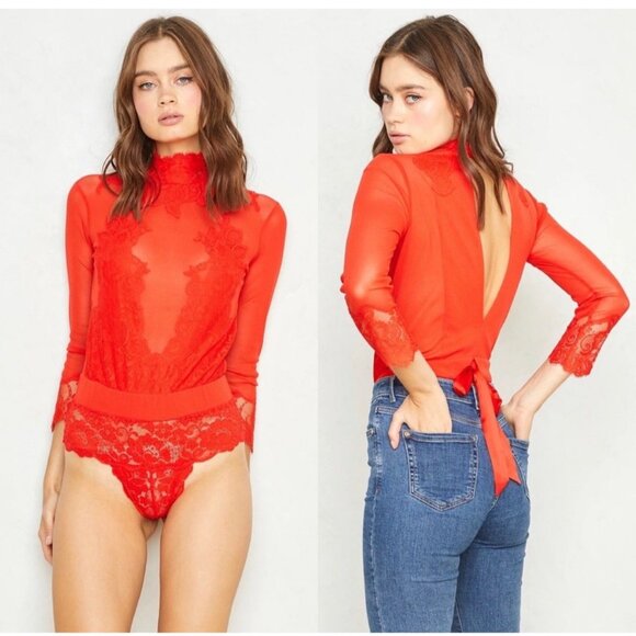 NWT $148 Free People Take HAH Bow Reversible Bodysuit Large Red Sheer Lace Top - Picture 1 of 16